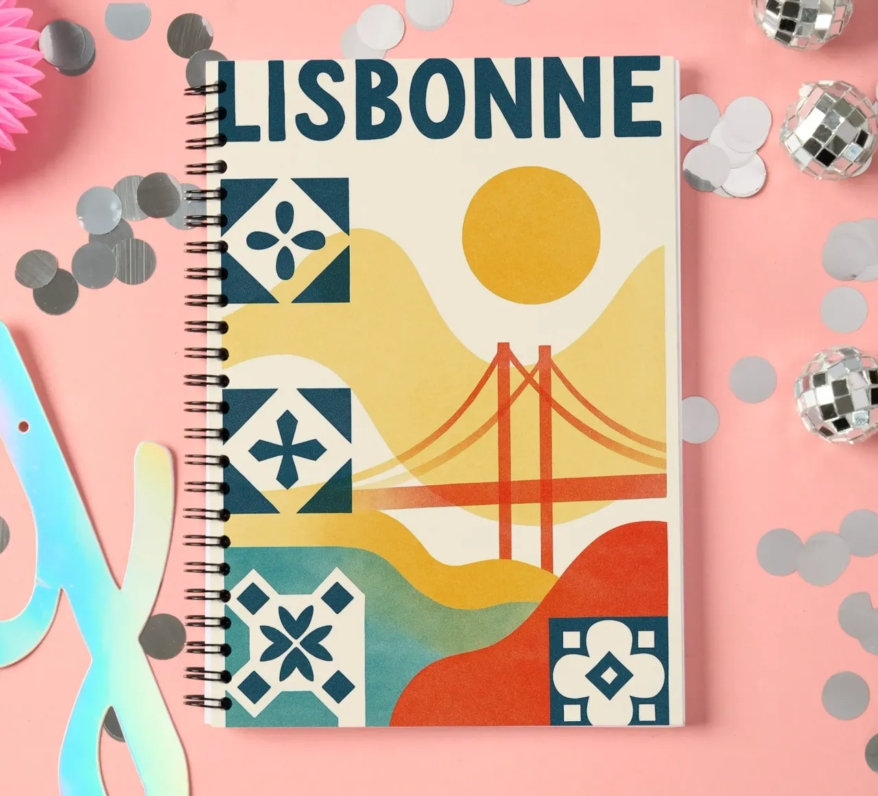 Lisbon poster - Abstract poster with azulejos and bridge spiral notebook by JETLAG | affiches voyage