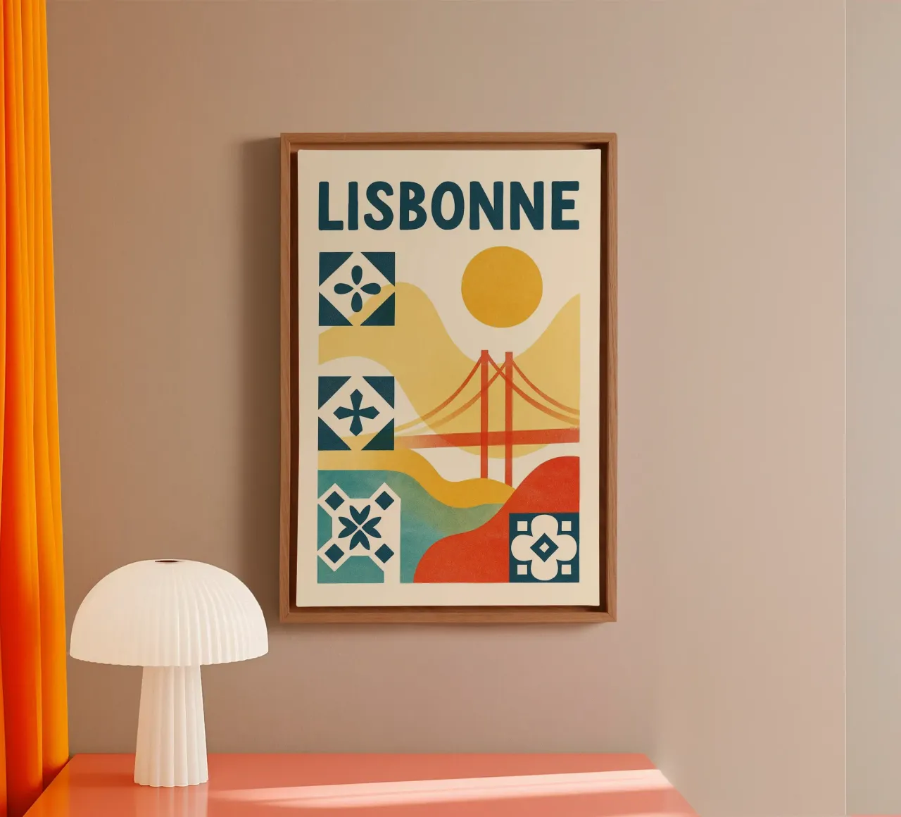 Lisbon poster - Abstract poster with azulejos and bridge canvas with Floater frame by JETLAG | affiches voyage