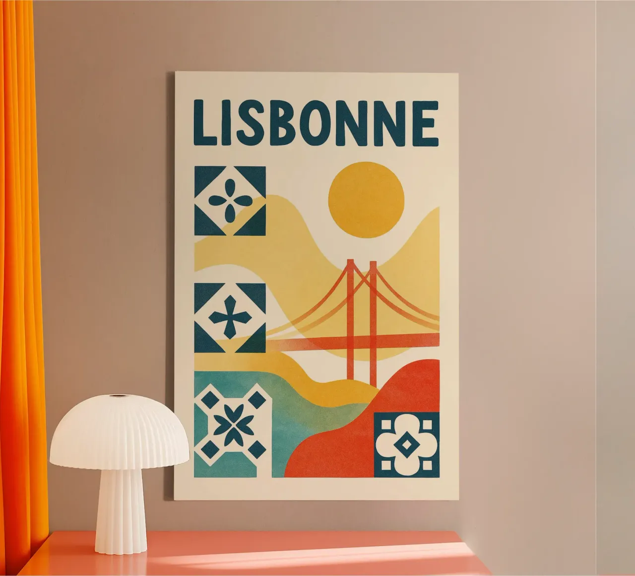 Lisbon poster - Abstract poster with azulejos and bridge canvas with Floater frame by JETLAG | affiches voyage