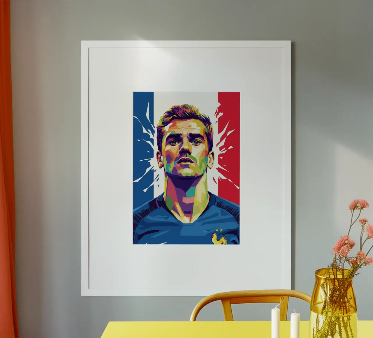 Ritratto pop art di Antoine Griezmann poster con telaio in alluminio da Hantamrata