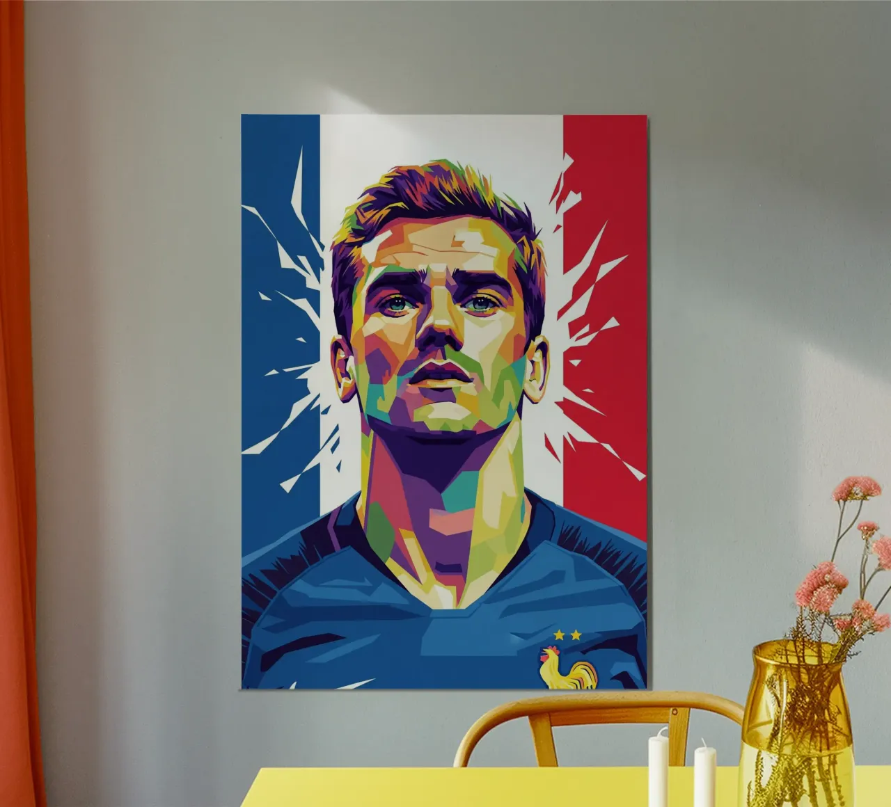 Ritratto pop art di Antoine Griezmann poster con telaio in alluminio da Hantamrata
