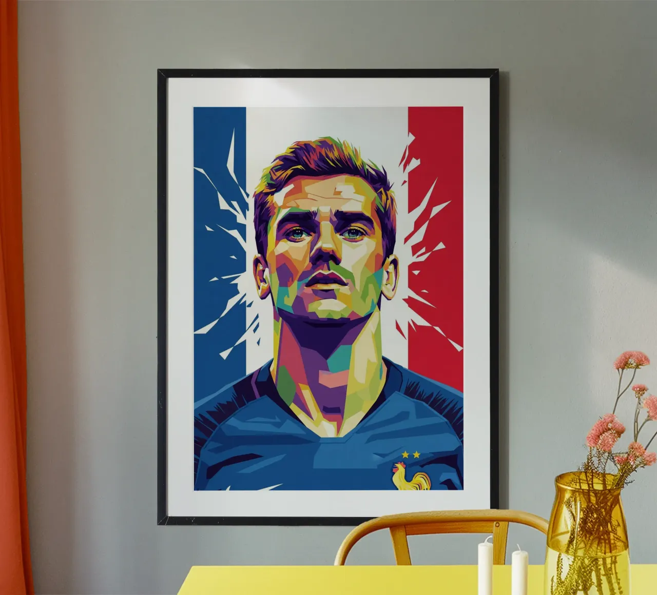 Ritratto pop art di Antoine Griezmann poster con telaio in alluminio da Hantamrata