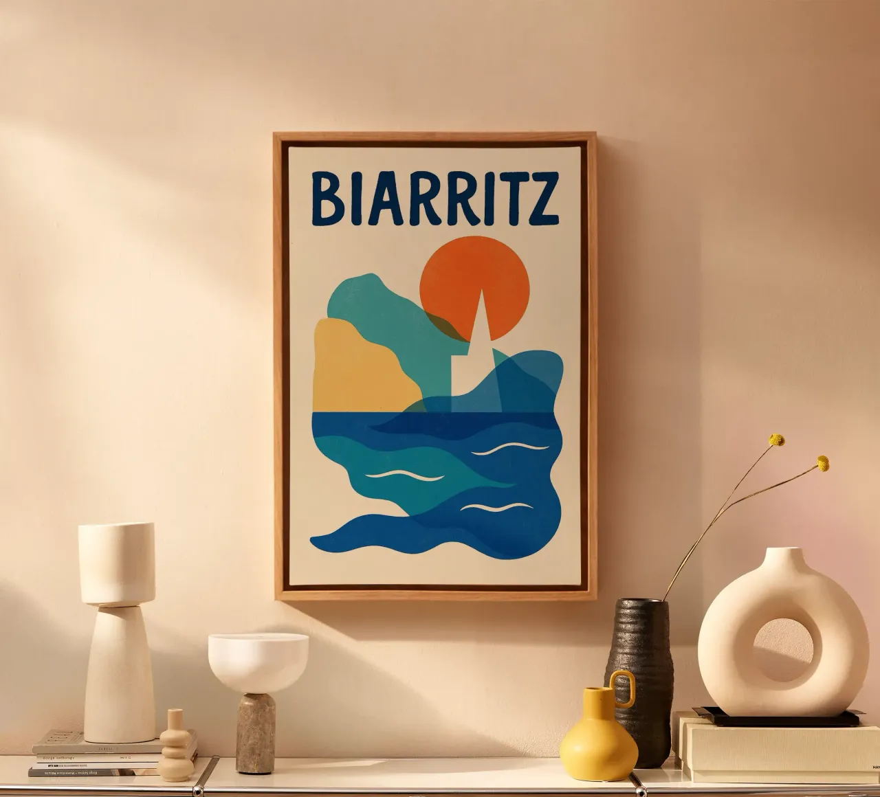 Poster Biarritz - Kust en kleurrijke abstracte poster canvas met Baklijst van JETLAG | affiches voyage