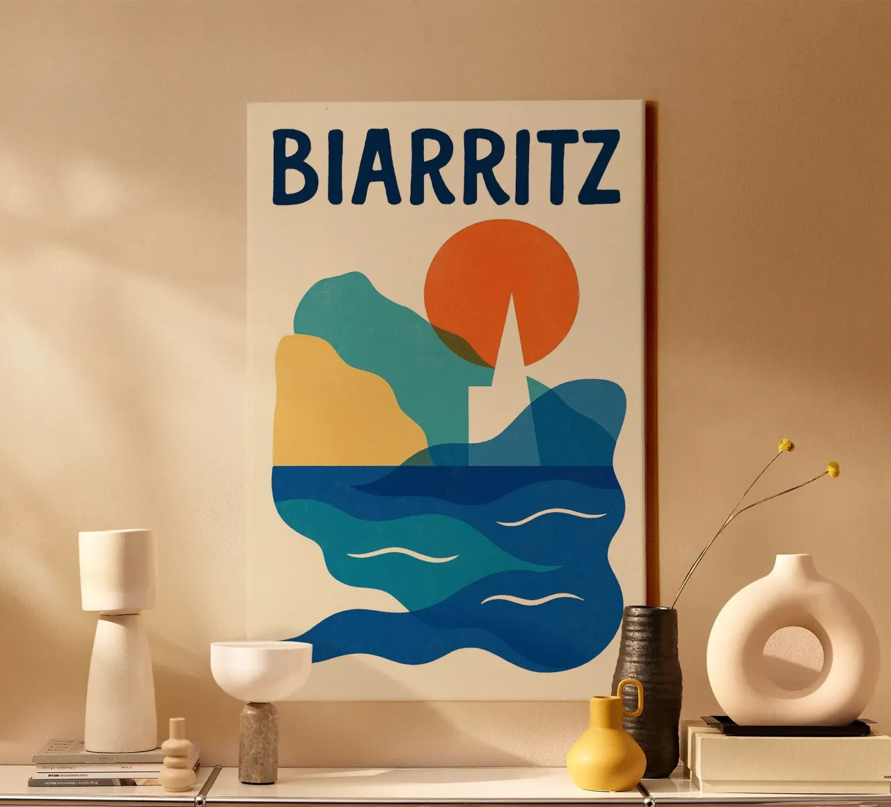 Poster Biarritz - Kust en kleurrijke abstracte poster canvas met Baklijst van JETLAG | affiches voyage