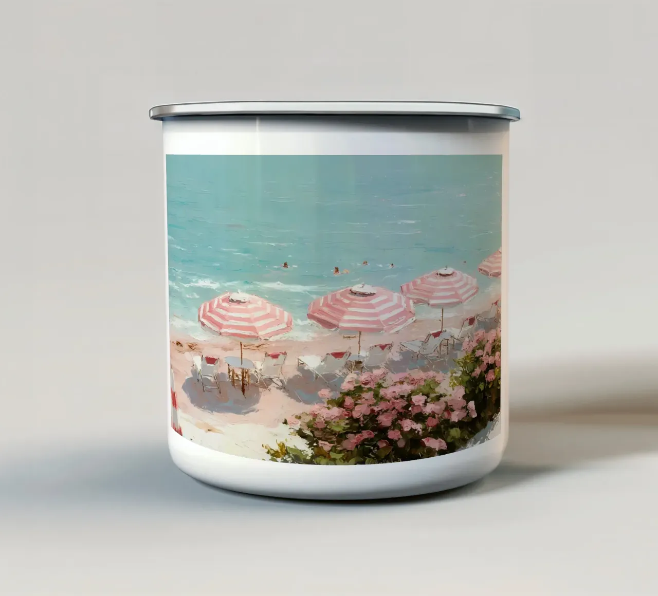Costa rosa con ombrelloni tazza in smalto da IamHomeStudio