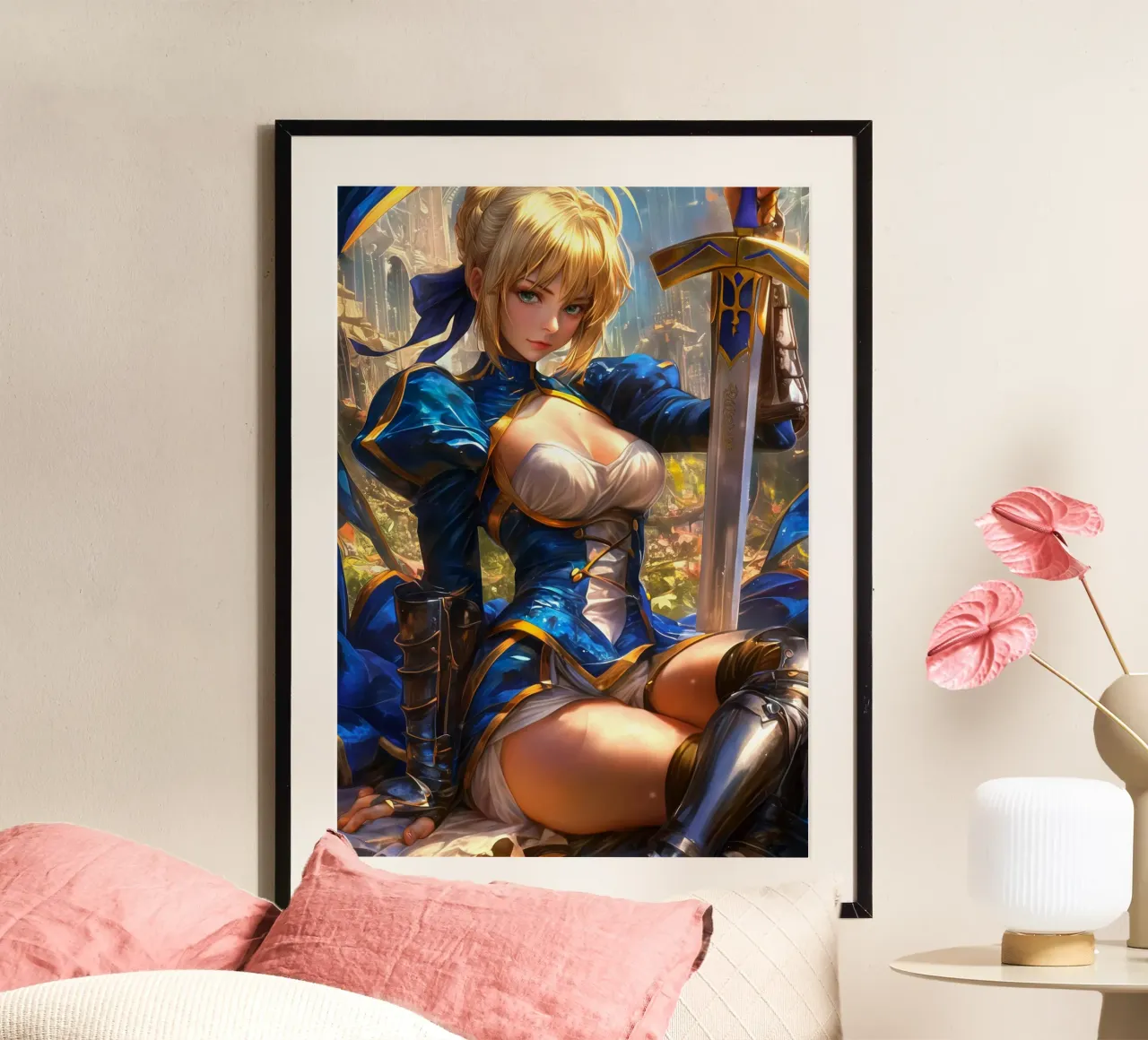 Saber Excalibur Morgan Knight Fate Serie Anime poster con telaio in legno da Stellar Creative