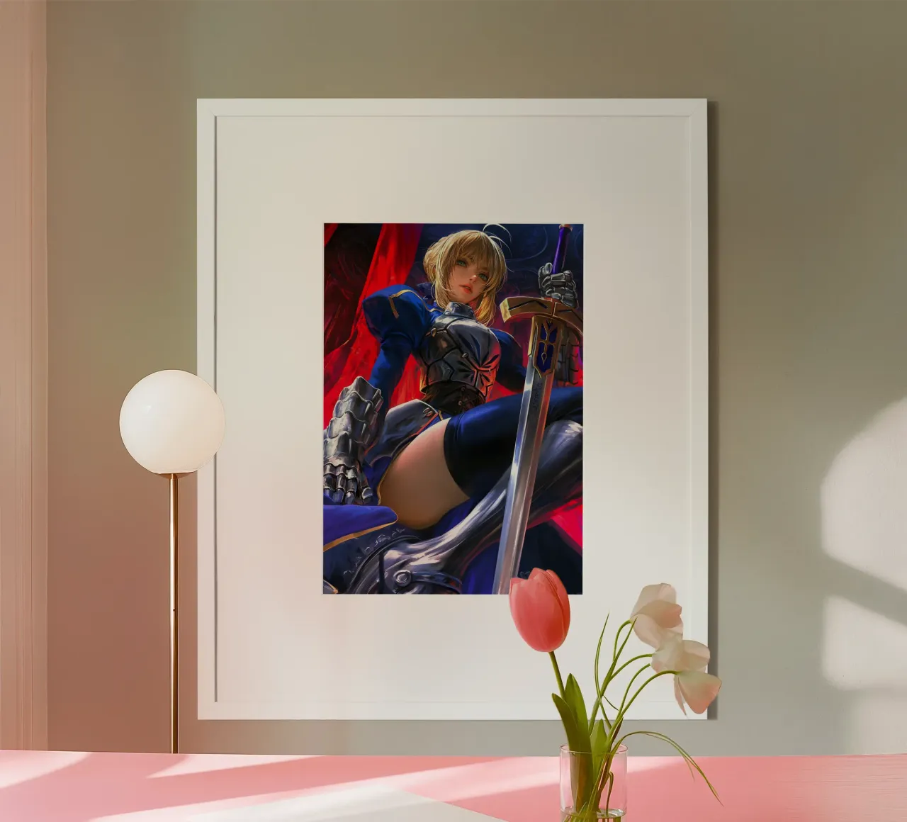 Saber Excalibur Morgan Knight Fate Serie Anime poster con telaio in legno da Stellar Creative