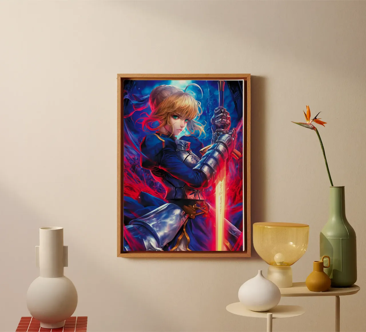 Saber Excalibur Morgan Knight Fate Series Anime lienzo con Marco flotante de Stellar Creative