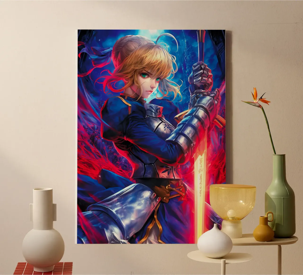 Saber Excalibur Morgan Knight Fate Series Anime lienzo con Marco flotante de Stellar Creative