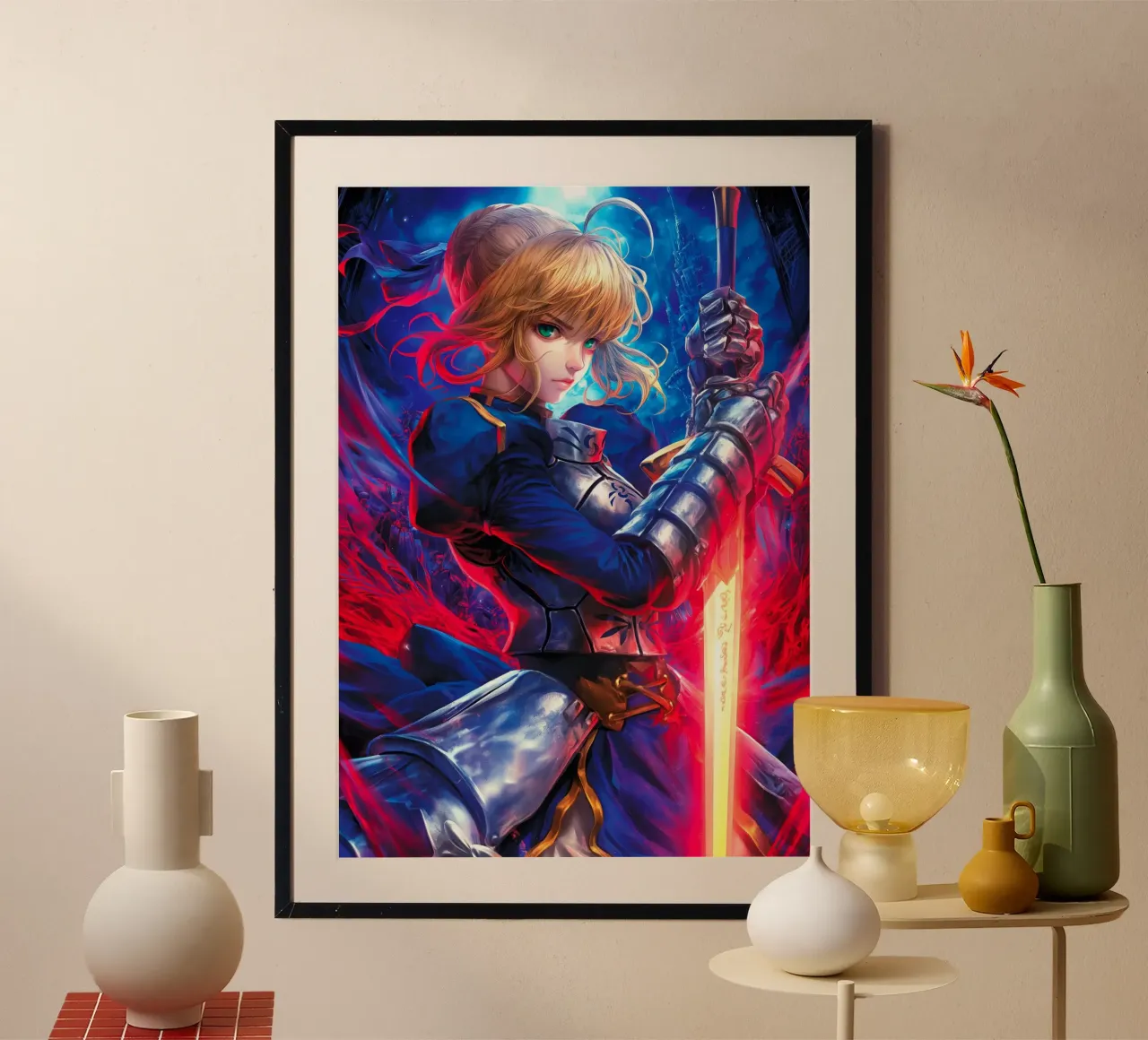 Saber Excalibur Morgan Knight Fate Serie Anime poster con telaio in alluminio da Stellar Creative