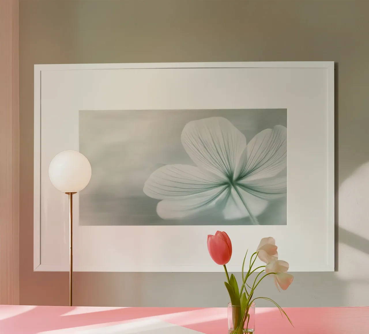 Fiore bianco e verde poster con telaio in plastica da Imagine