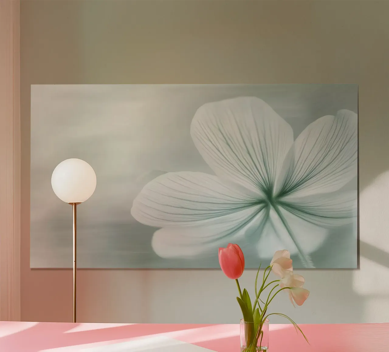 Fiore bianco e verde poster con telaio in plastica da Imagine