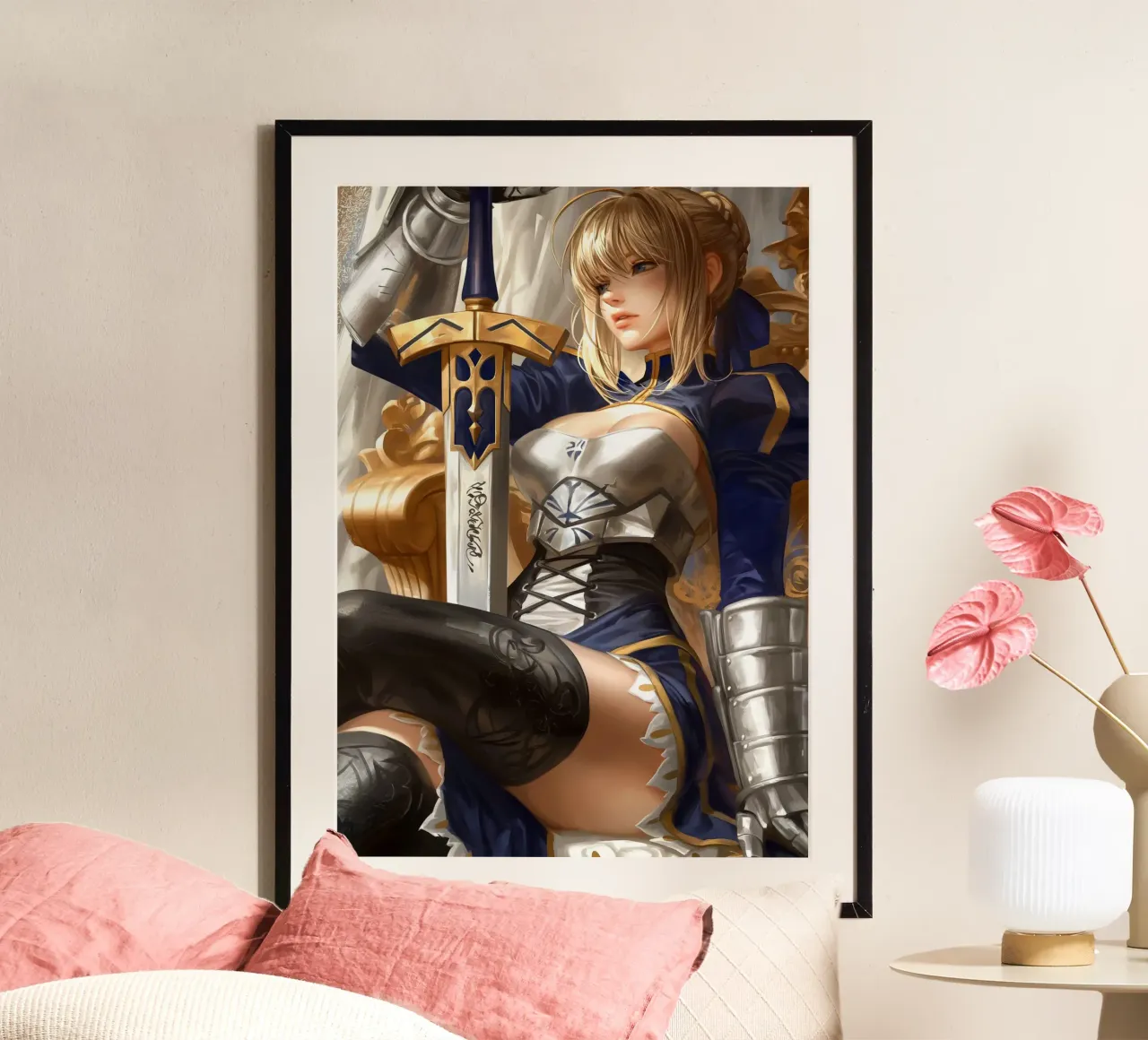 Saber Excalibur Morgan Knight Fate Serie Anime poster con telaio in legno da Stellar Creative