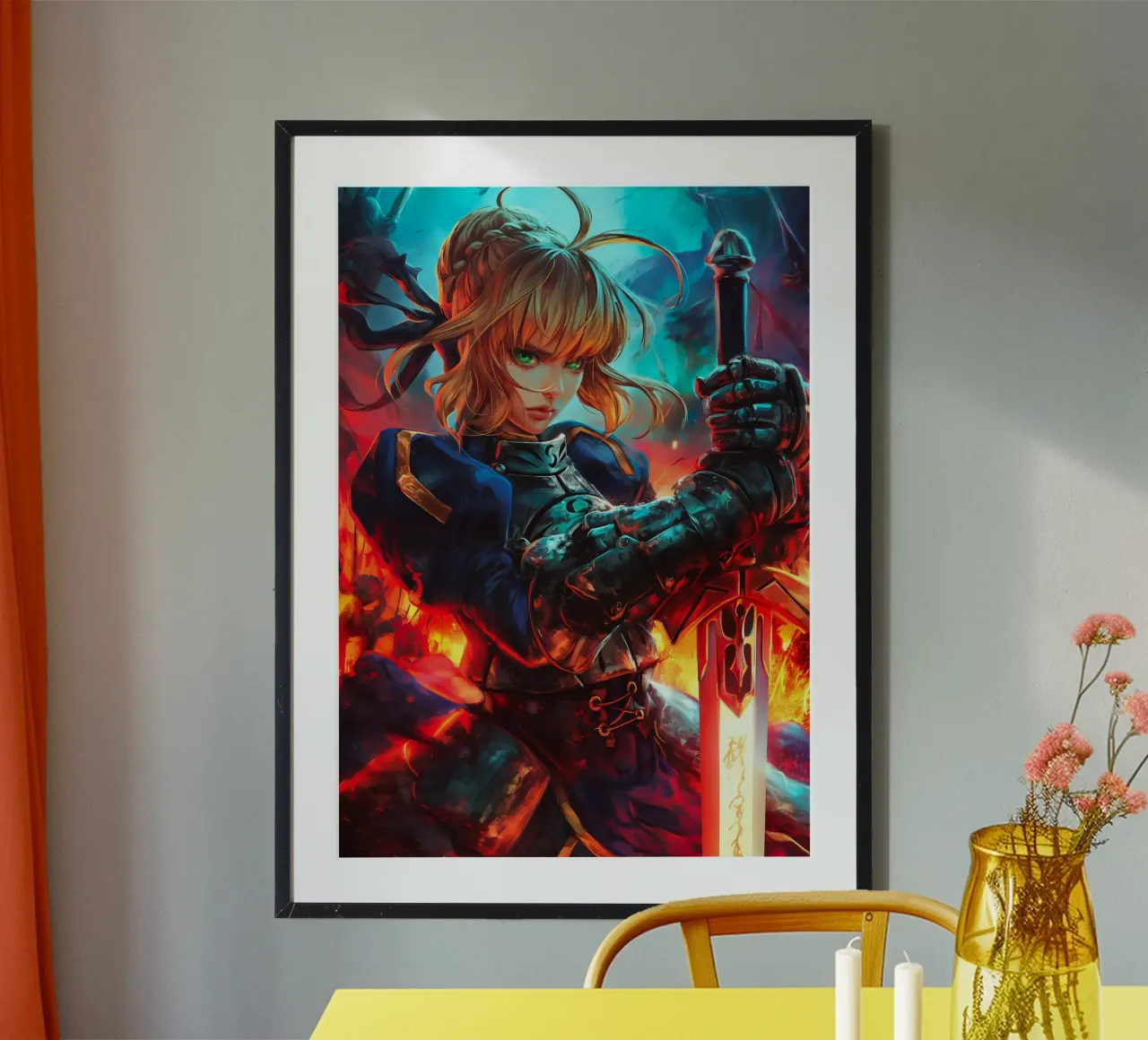 Saber Excalibur Morgan Knight Fate Serie Anime poster con telaio in alluminio da Stellar Creative