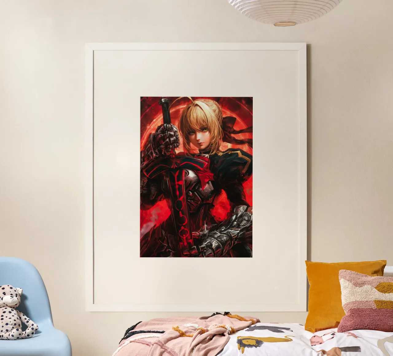Saber Excalibur Morgan Knight Fate Serie Anime poster con telaio in legno da Stellar Creative