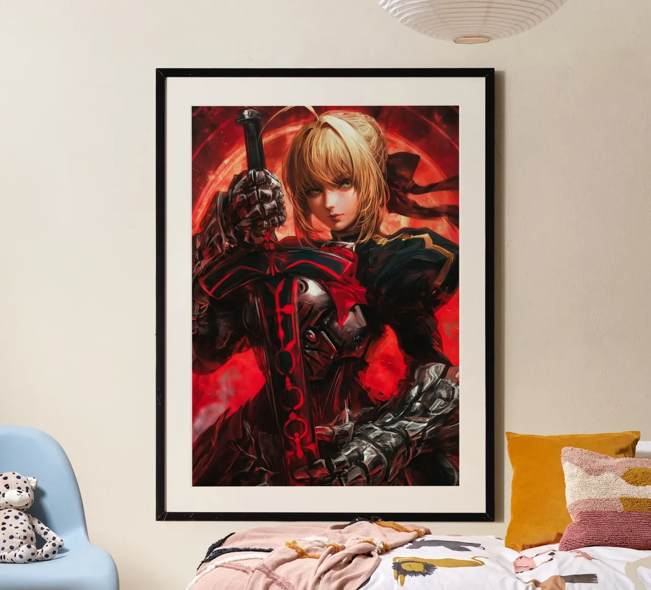 Saber Excalibur Morgan Knight Fate Serie Anime poster con telaio in legno da Stellar Creative