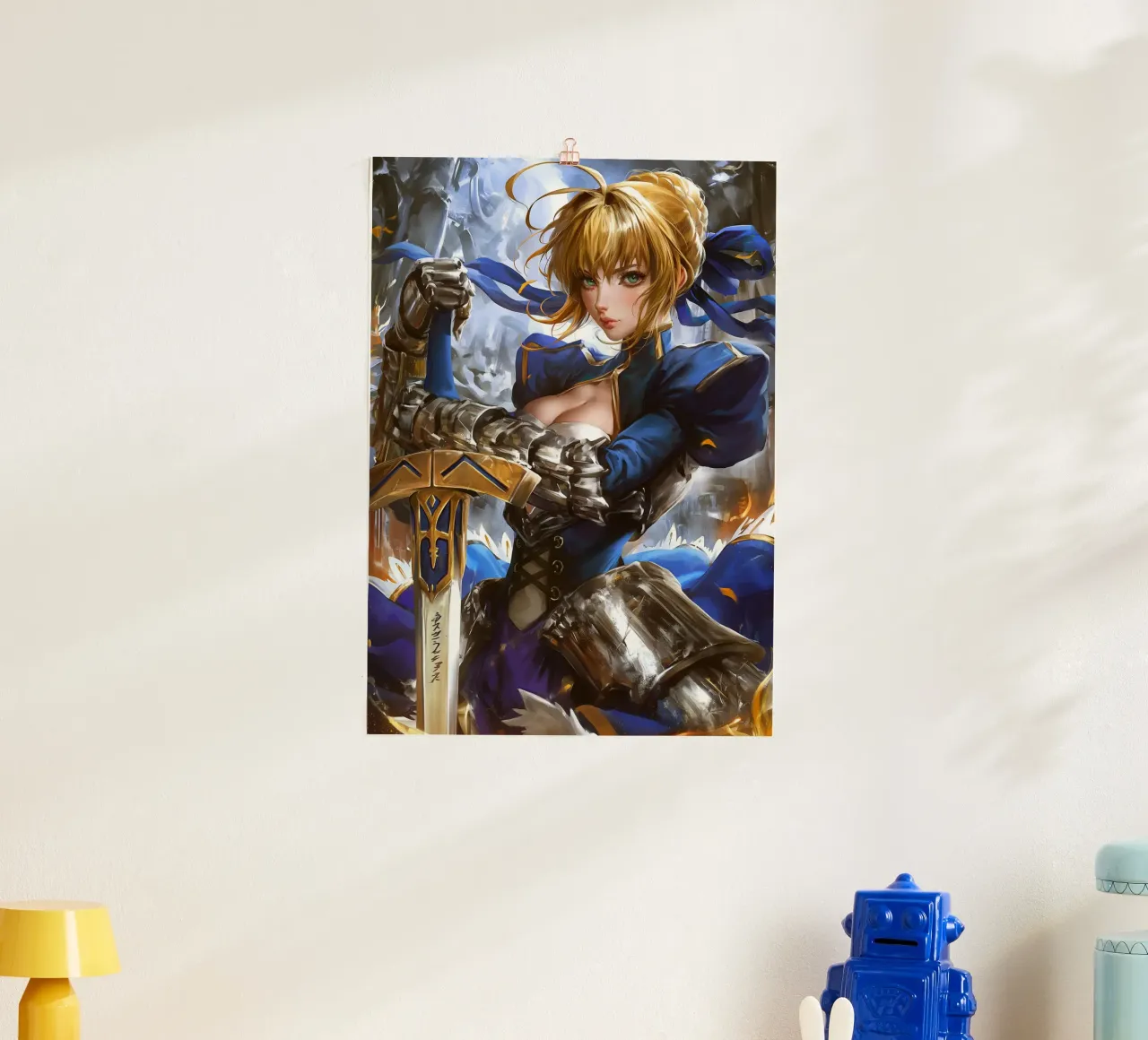 Saber Excalibur Morgan Knight Fate Serie Anime poster con telaio in legno da Stellar Creative