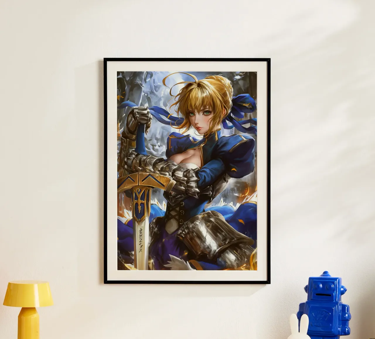 Saber Excalibur Morgan Knight Fate Serie Anime poster con telaio in legno da Stellar Creative