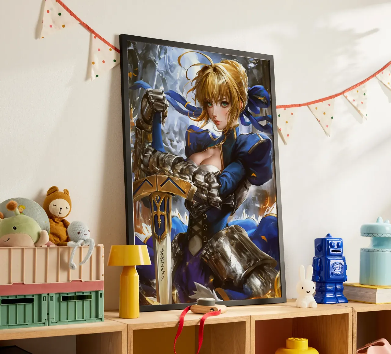 Saber Excalibur Morgan Knight Fate Serie Anime poster con telaio in legno da Stellar Creative