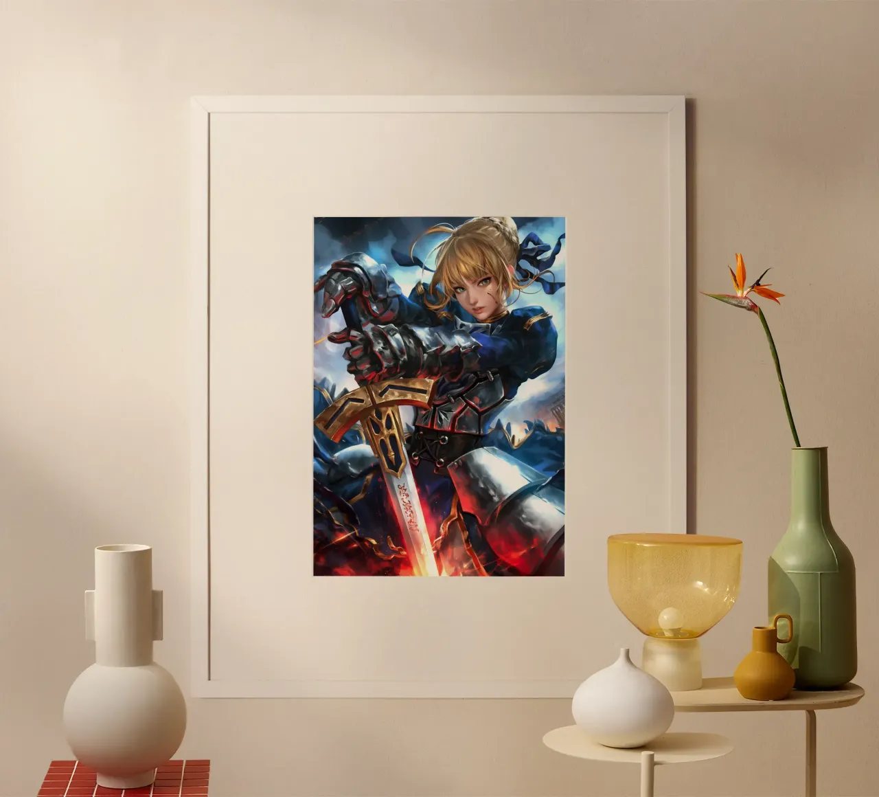 Saber Excalibur Morgan Knight Fate Serie Anime poster con telaio in legno da Stellar Creative