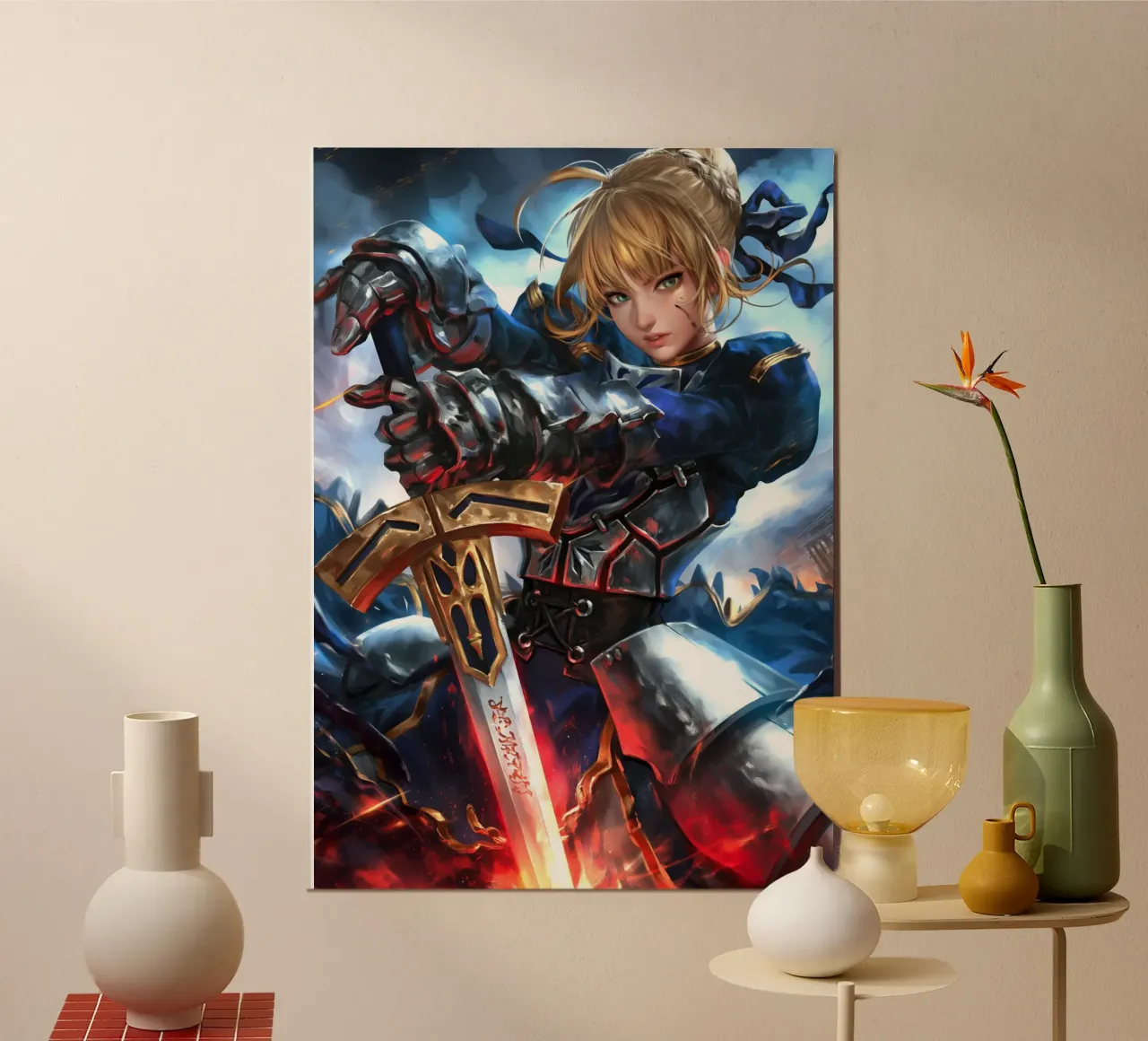 Saber Excalibur Morgan Knight Fate Serie Anime poster con telaio in legno da Stellar Creative