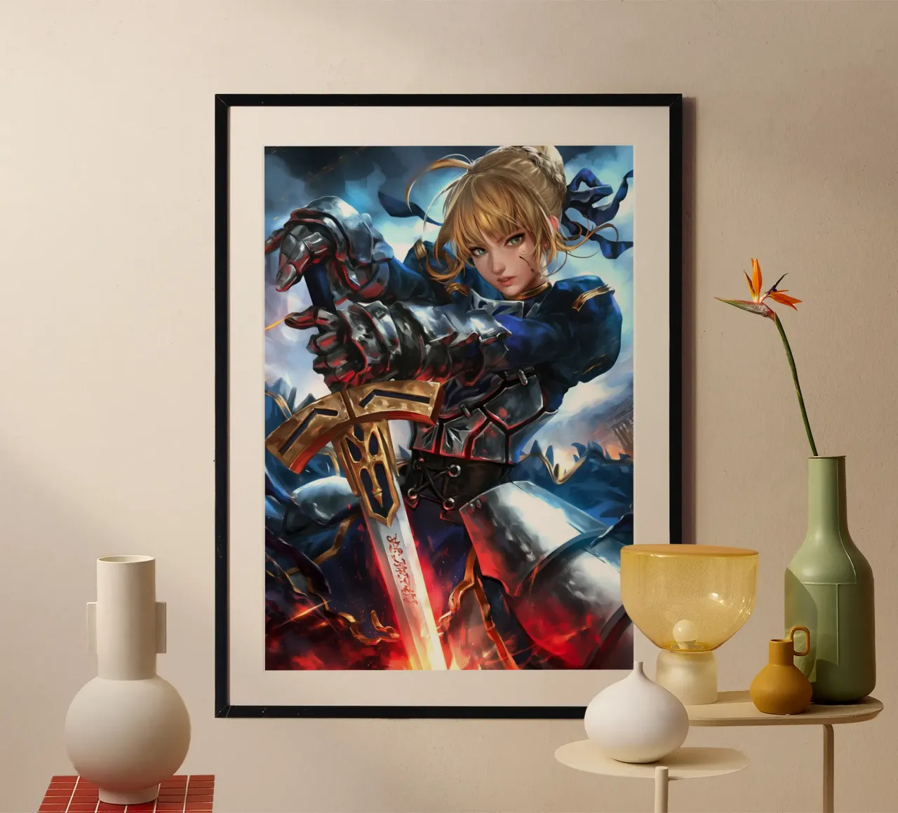 Saber Excalibur Morgan Knight Fate Serie Anime poster con telaio in legno da Stellar Creative