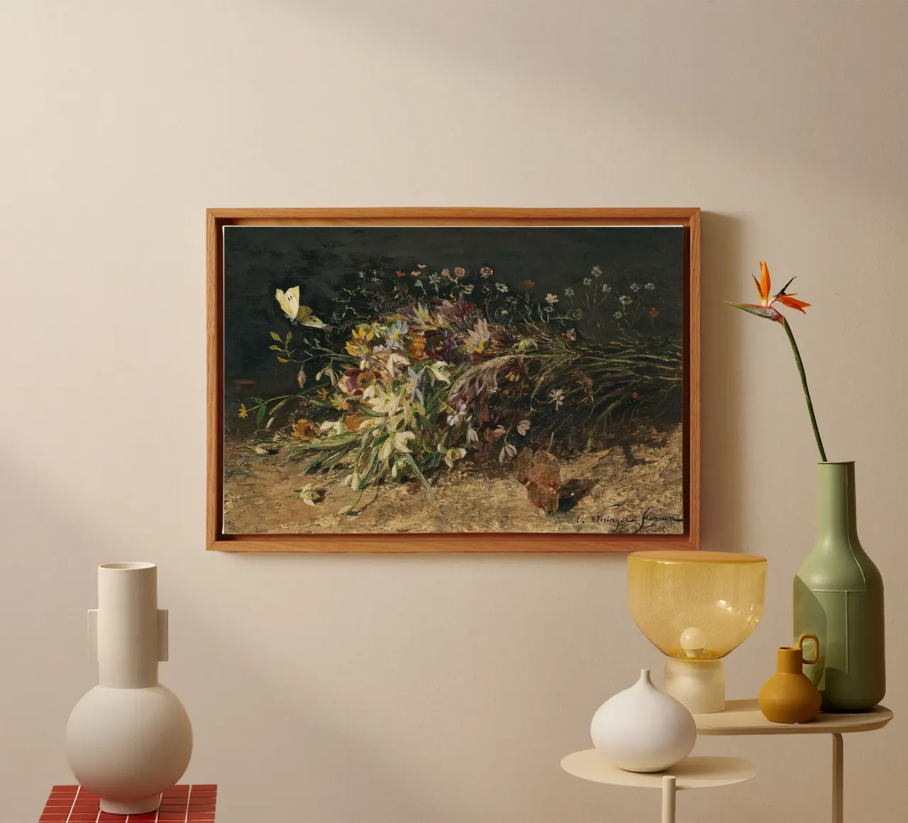 Bouquet of spring flowers with snowdrops canvas with Floater frame by apoloprints