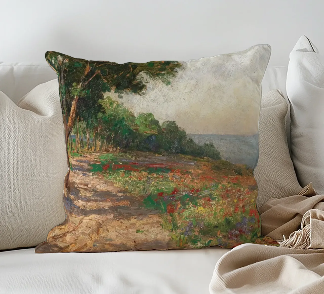 Coastal Landscape with Trees and Flowers cuscino da apoloprints