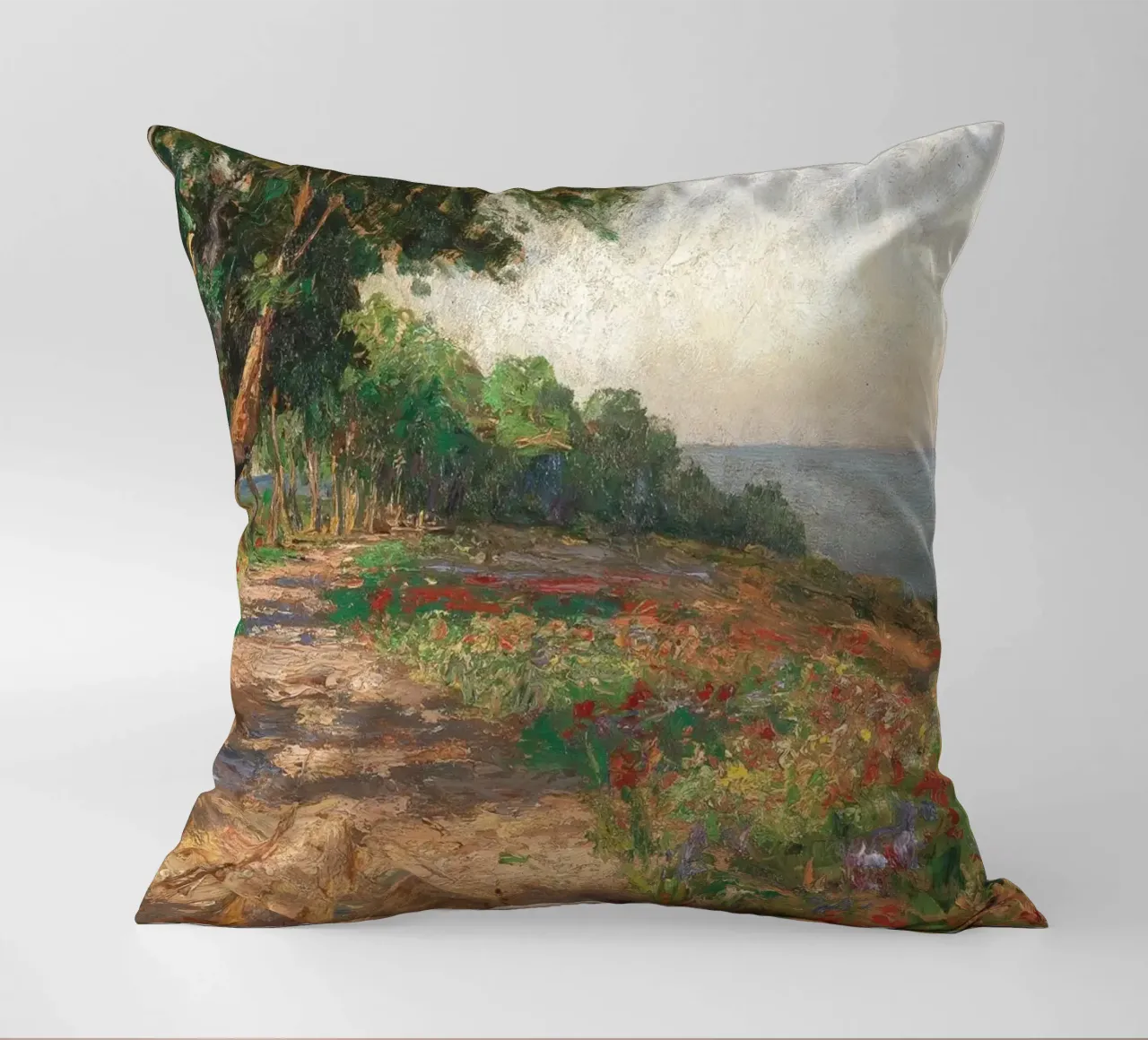 Coastal Landscape with Trees and Flowers cuscino da apoloprints
