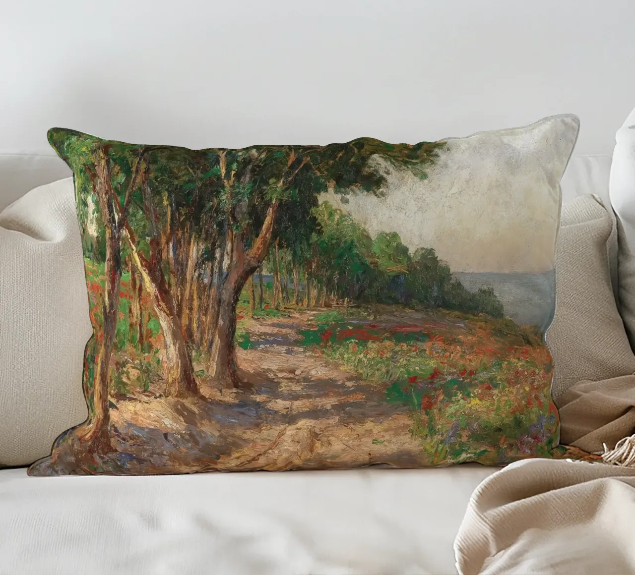Coastal Landscape with Trees and Flowers cuscino da apoloprints