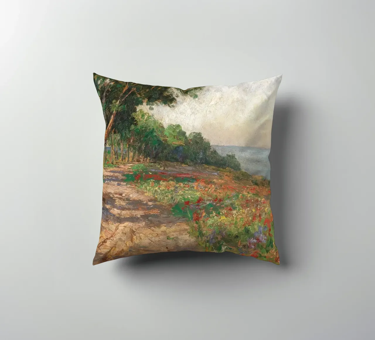 Coastal Landscape with Trees and Flowers cuscino da apoloprints