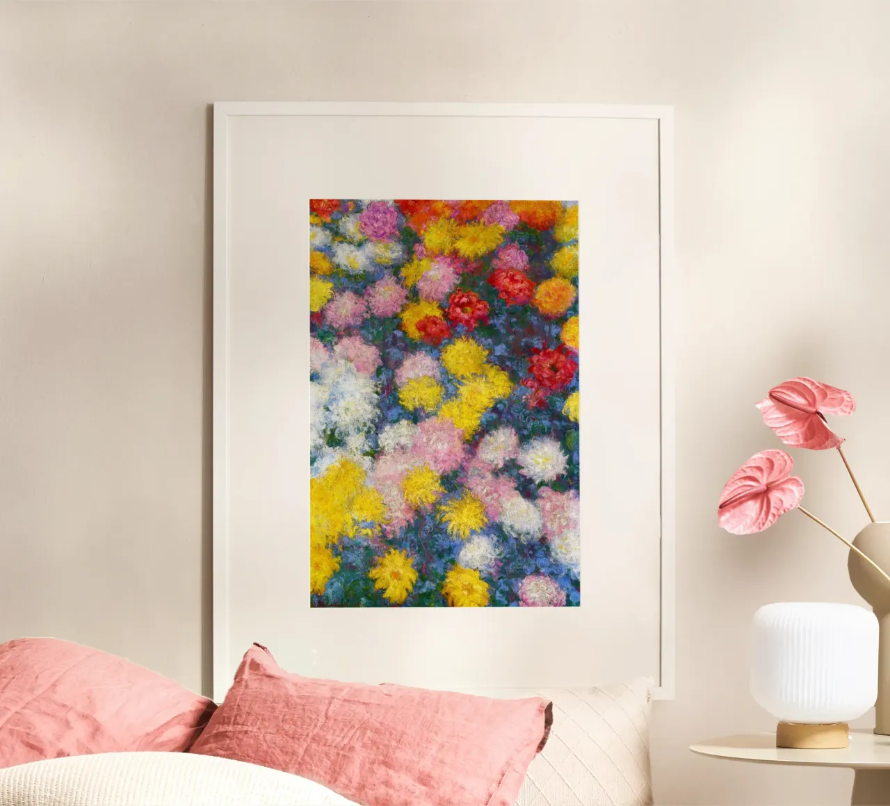 Claude Monet - Letto di crisantemi poster con telaio in legno da Art History