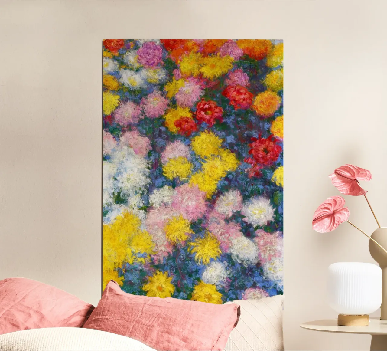 Claude Monet - Letto di crisantemi poster con telaio in legno da Art History