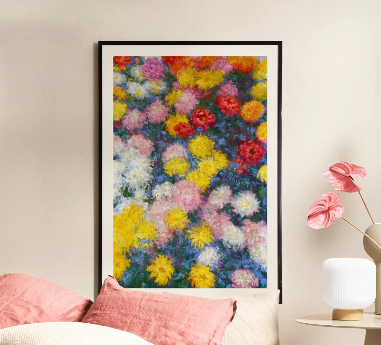 Claude Monet - Letto di crisantemi poster con telaio in legno da Art History