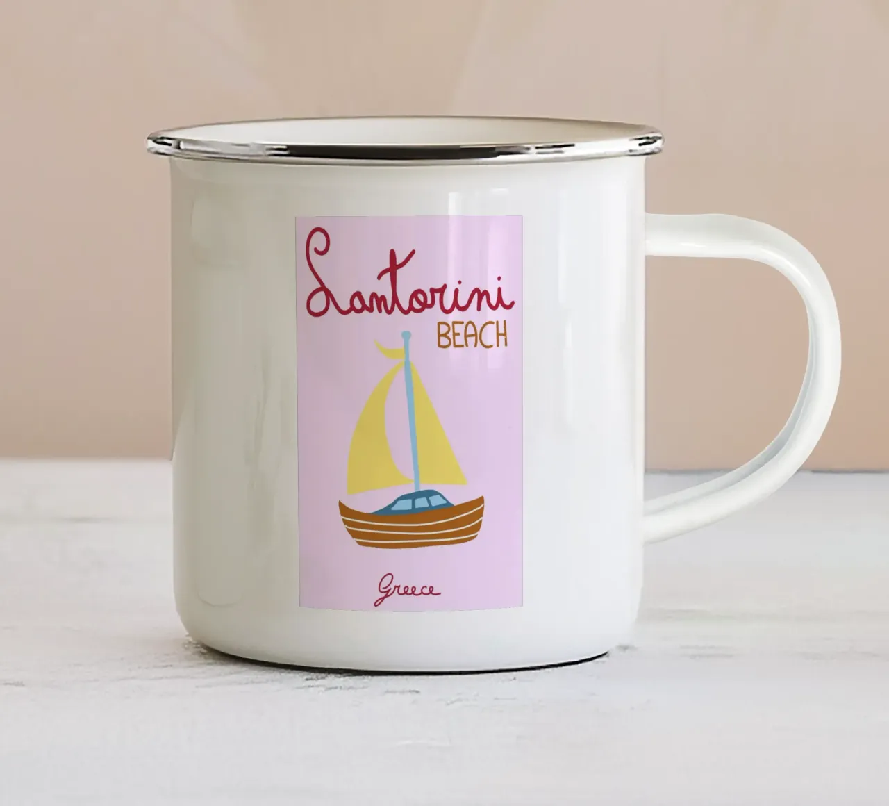 Spiaggia di Santorini, Grecia, poster di viaggio, illustrazioni minimaliste tazza in smalto da vintagepod