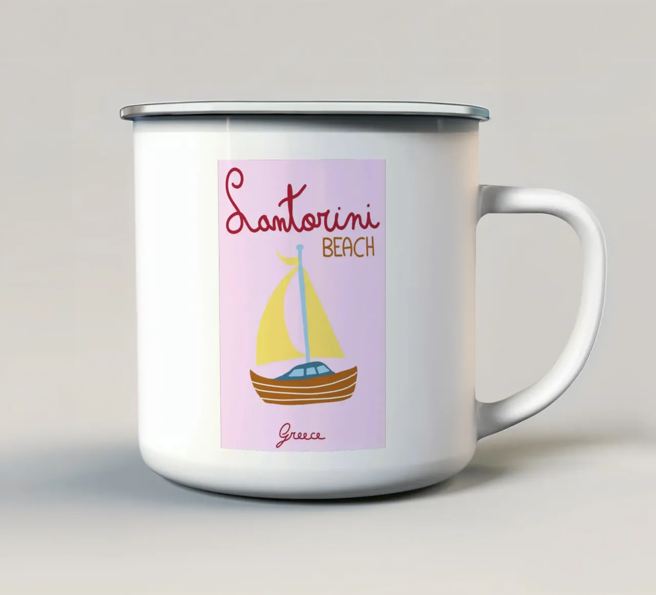 Spiaggia di Santorini, Grecia, poster di viaggio, illustrazioni minimaliste tazza in smalto da vintagepod