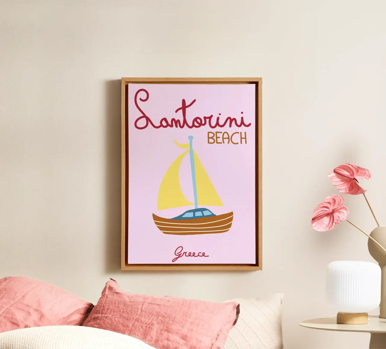 Spiaggia di Santorini, Grecia, poster di viaggio, illustrazioni minimaliste tela con Cornice a cassetta da vintagepod