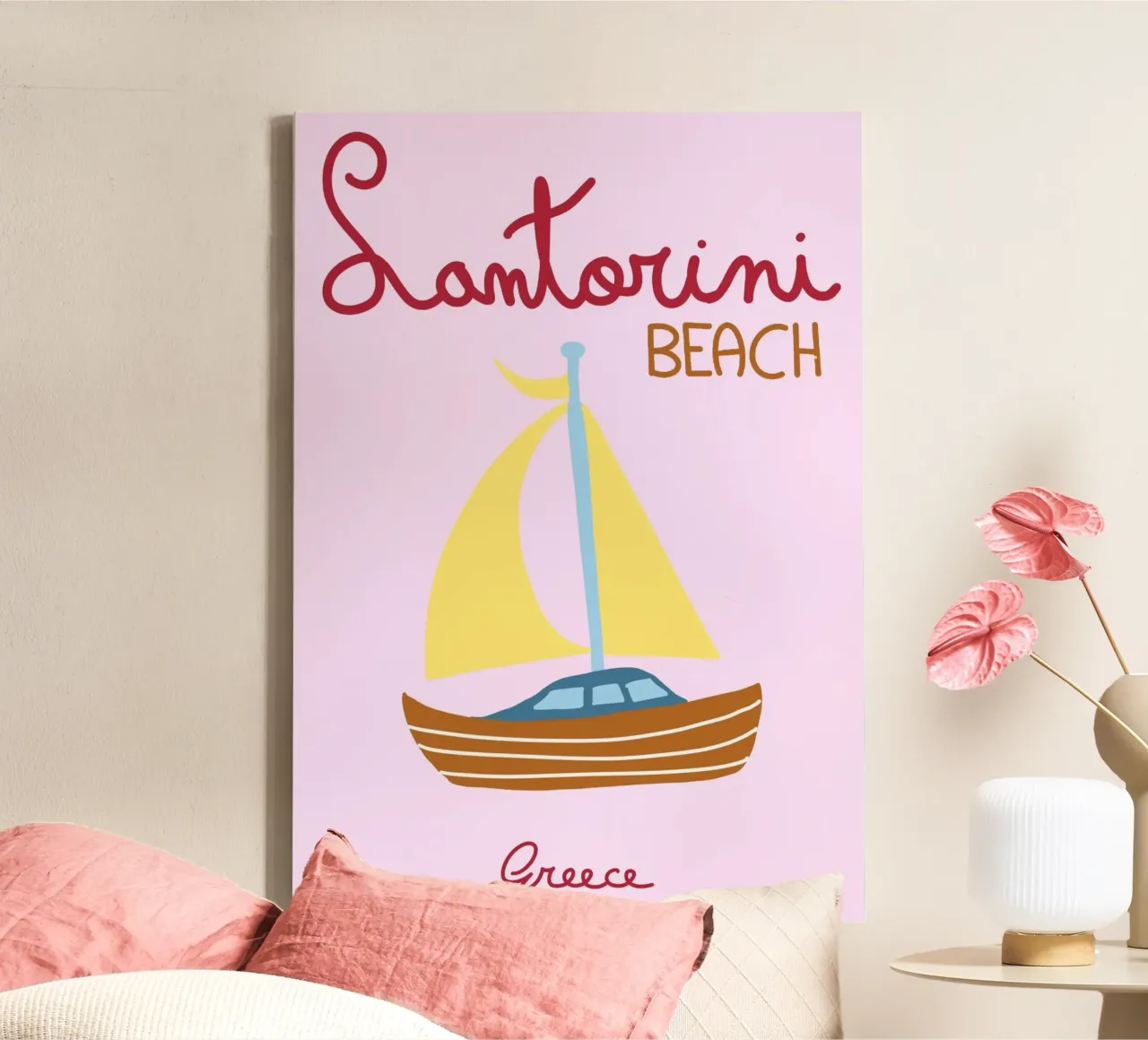 Spiaggia di Santorini, Grecia, poster di viaggio, illustrazioni minimaliste tela con Cornice a cassetta da vintagepod