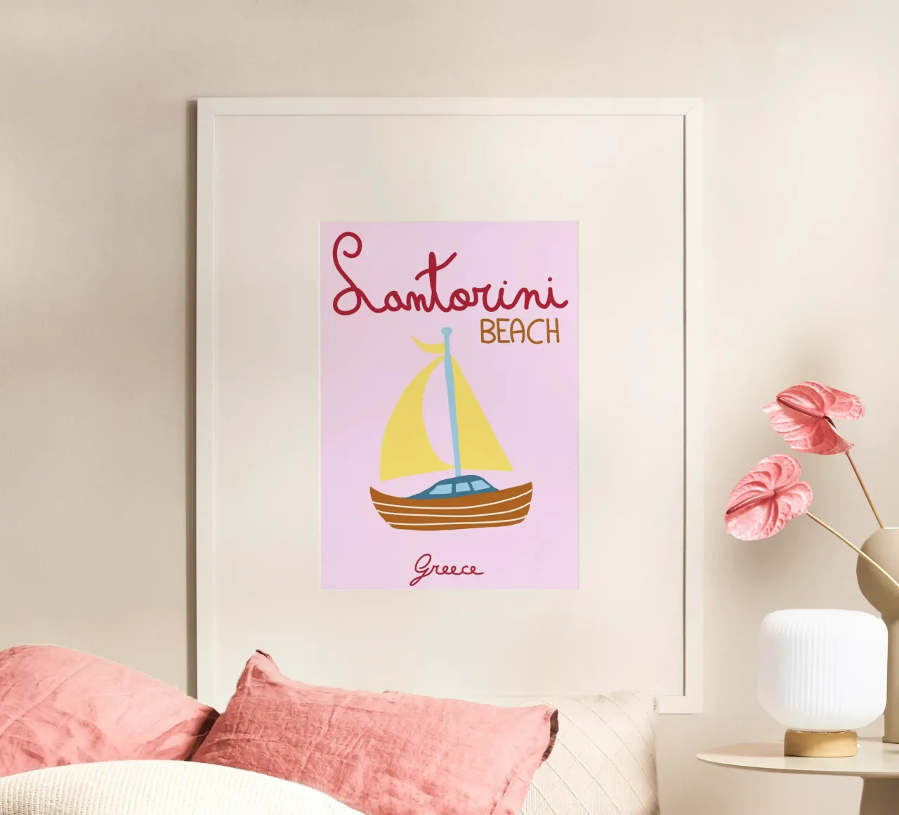 Spiaggia di Santorini, Grecia, poster di viaggio, illustrazioni minimaliste poster con telaio in alluminio da vintagepod