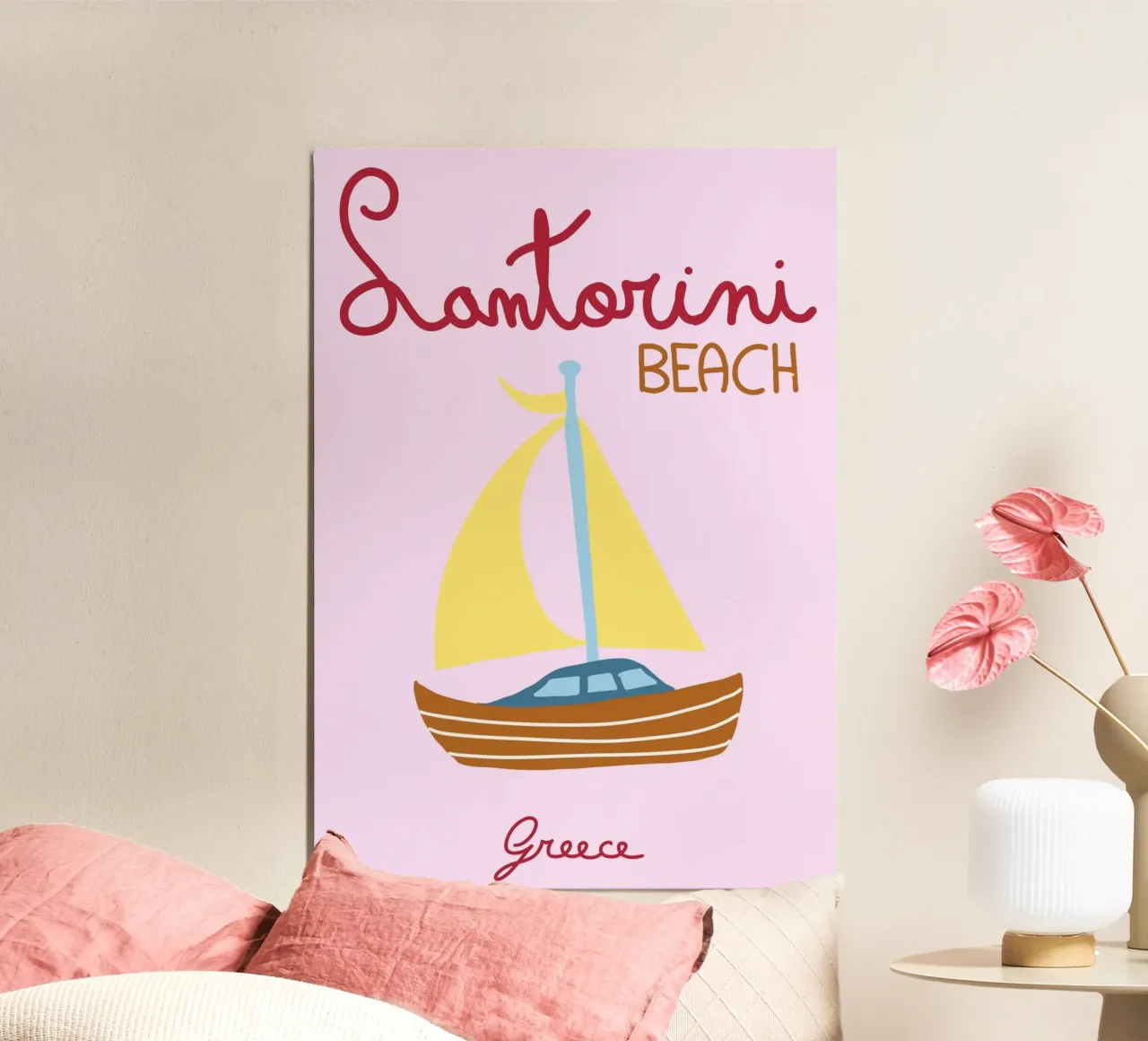 Spiaggia di Santorini, Grecia, poster di viaggio, illustrazioni minimaliste poster con telaio in alluminio da vintagepod