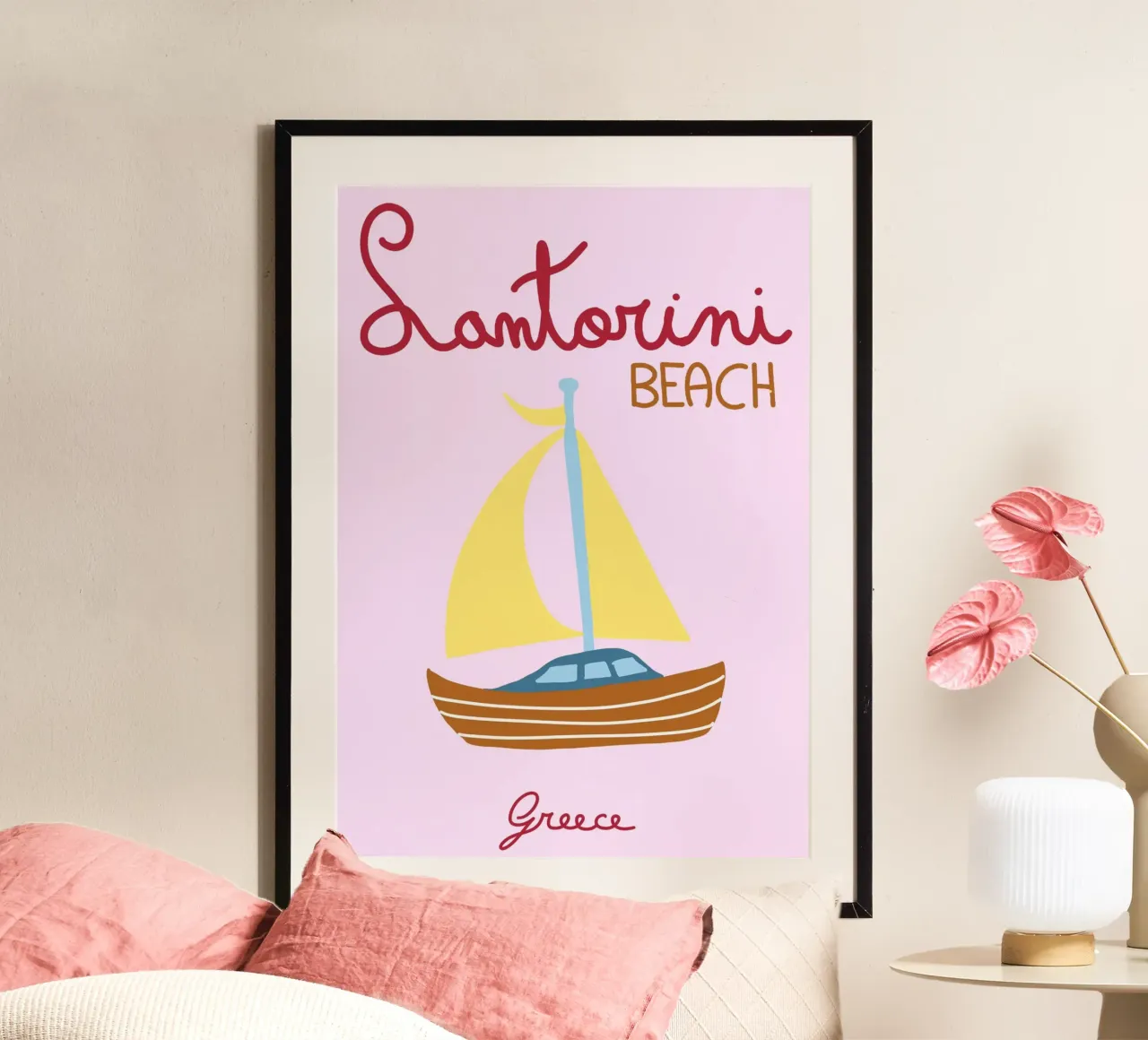 Spiaggia di Santorini, Grecia, poster di viaggio, illustrazioni minimaliste poster con telaio in alluminio da vintagepod