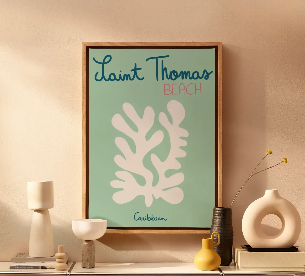 Saint Thomas strand, koraalkunst, Caribisch reizen canvas met Baklijst van vintagepod