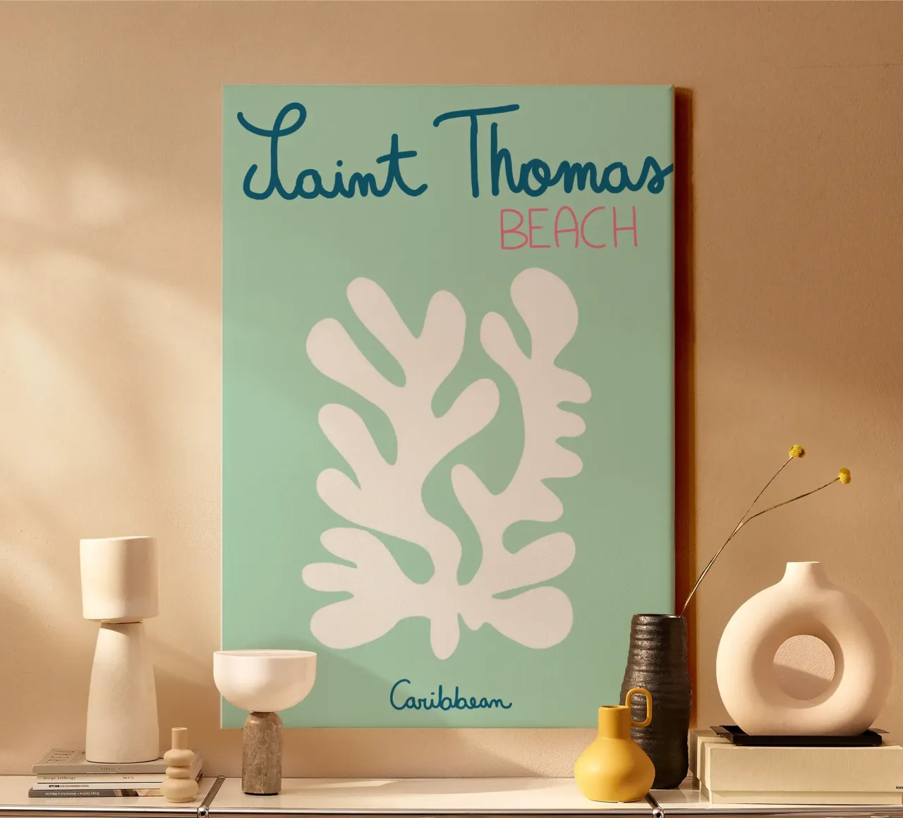Saint Thomas strand, koraalkunst, Caribisch reizen canvas met Baklijst van vintagepod