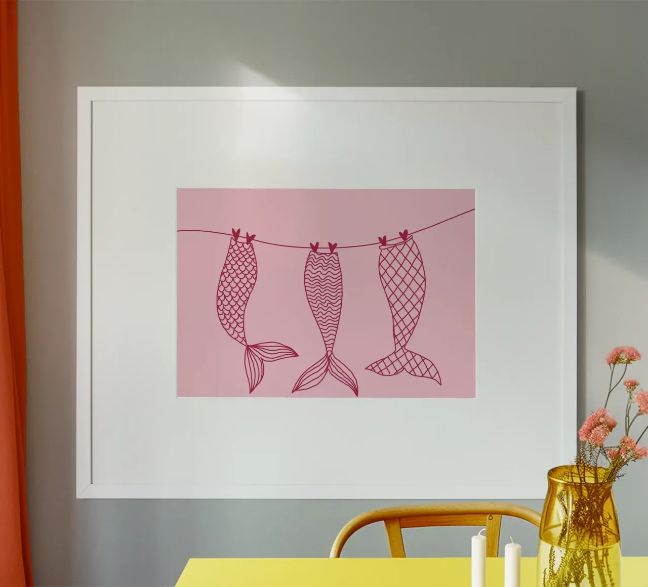 Code di sirena su uno stendino, arte minimalista poster con telaio in plastica da vintagepod