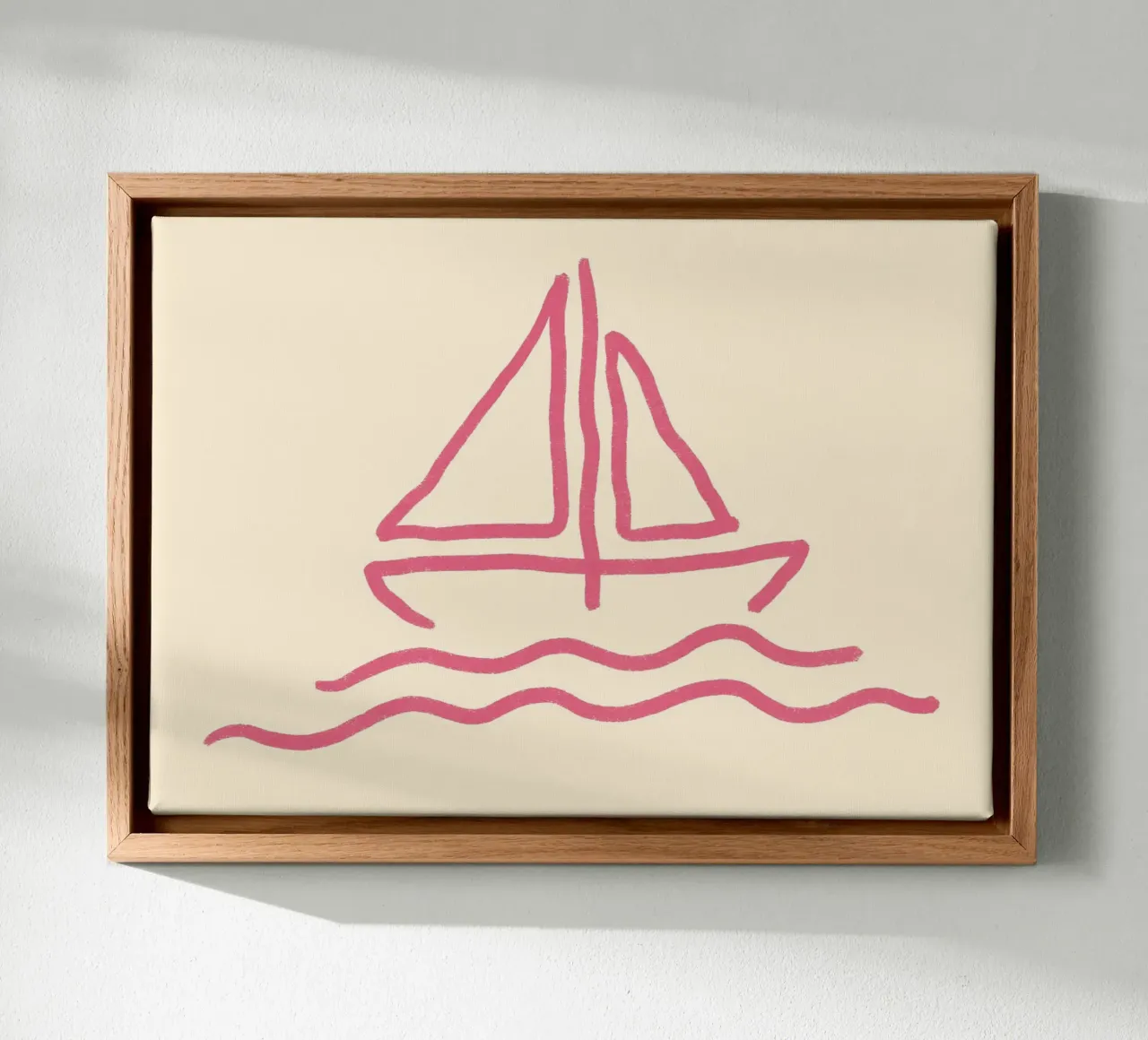 Zeilen op roze golven, minimalistische oceaankunst canvas met Baklijst van vintagepod