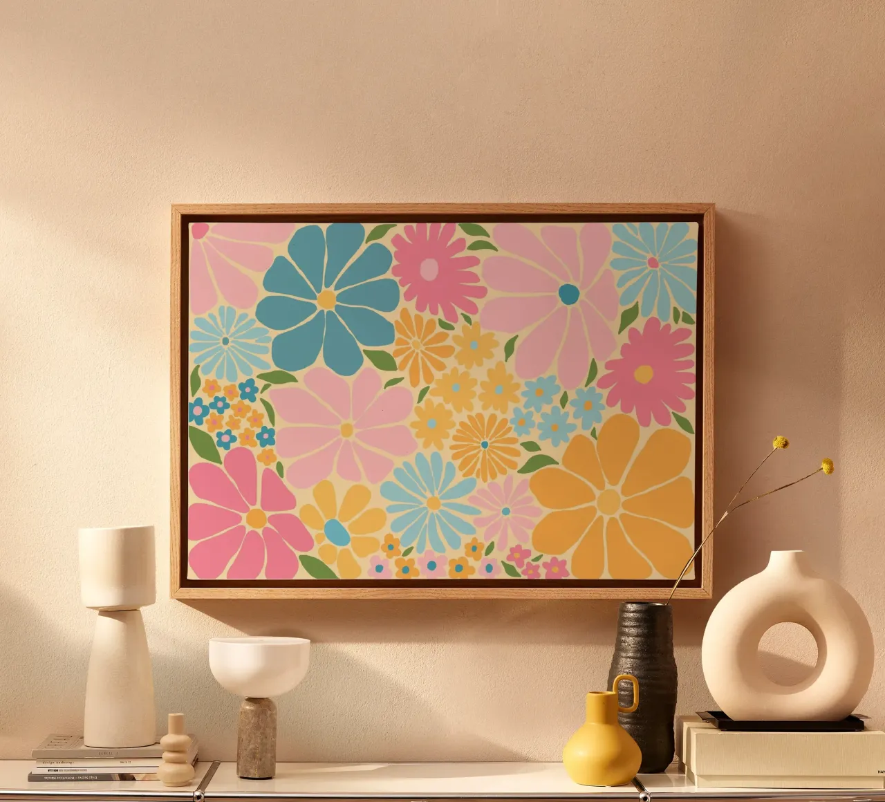 Retro Bloemenpatroon, Kleurrijke Bloemenmacht Print canvas met Baklijst van vintagepod