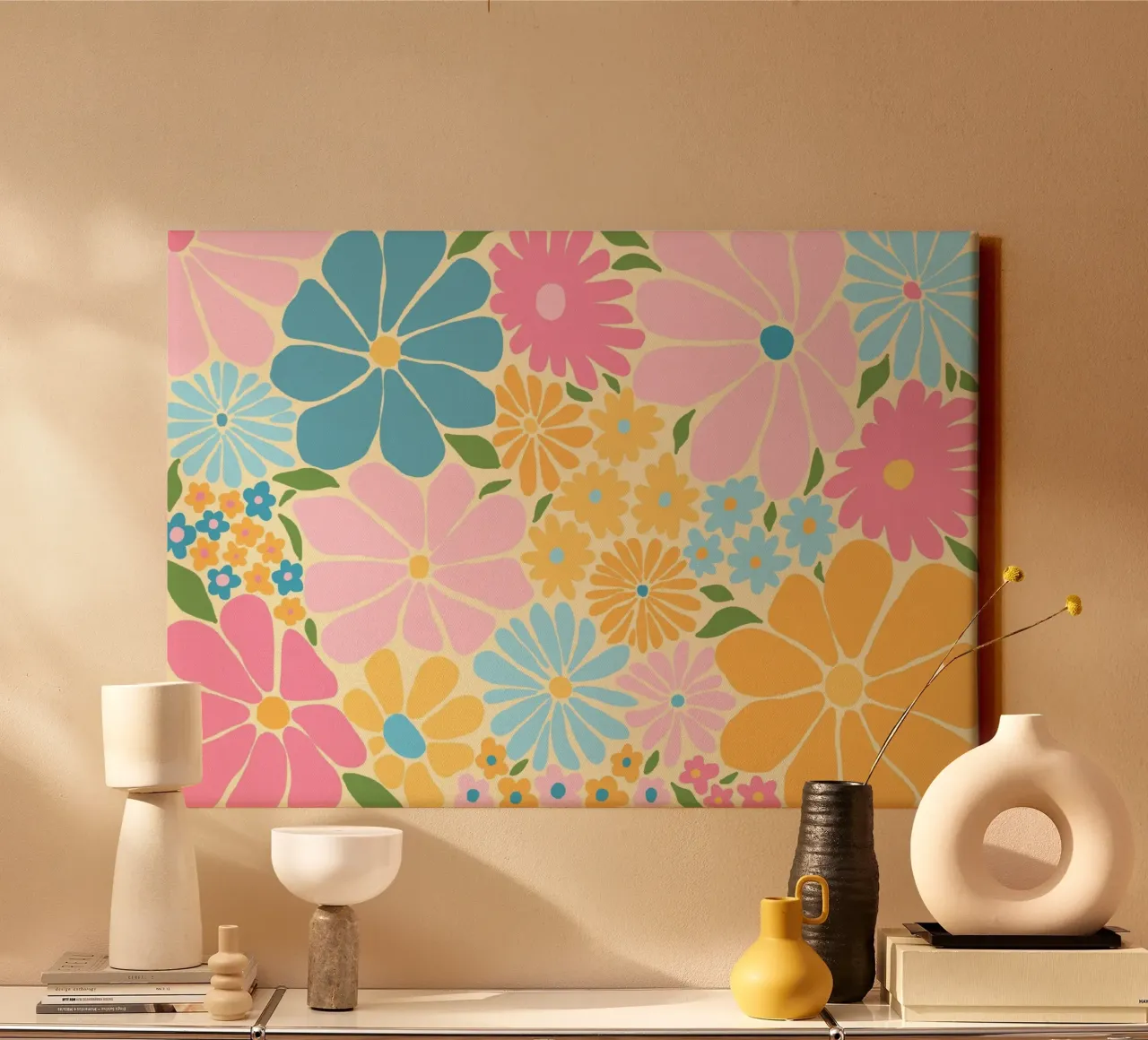 Retro Bloemenpatroon, Kleurrijke Bloemenmacht Print canvas met Baklijst van vintagepod