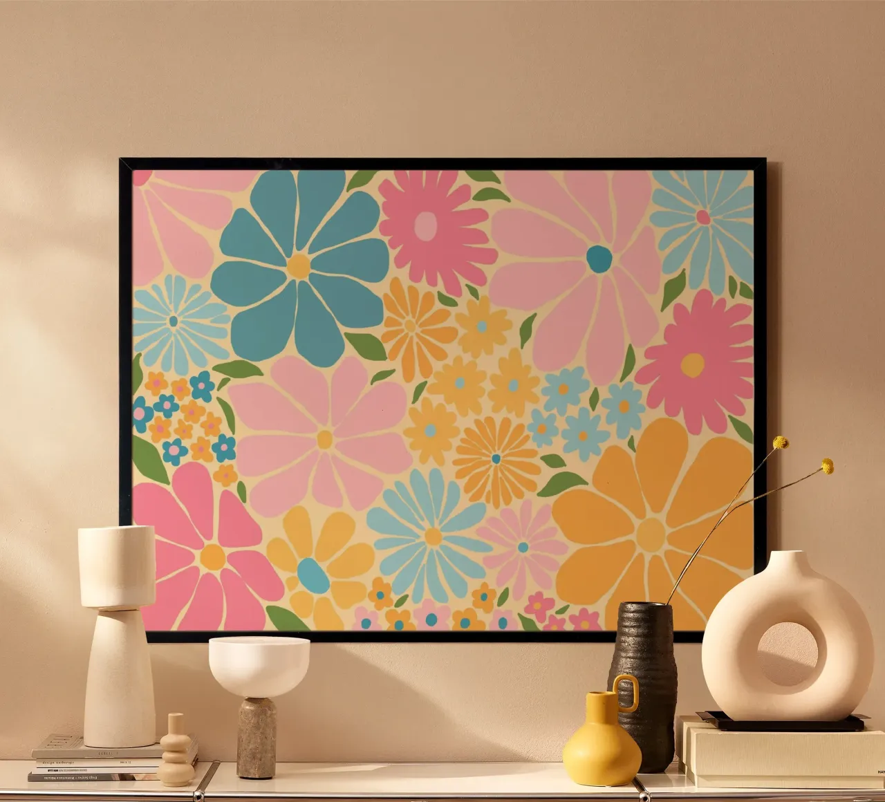 Retro Floral Pattern, Colorful Flower Power Print poster by vintagepod