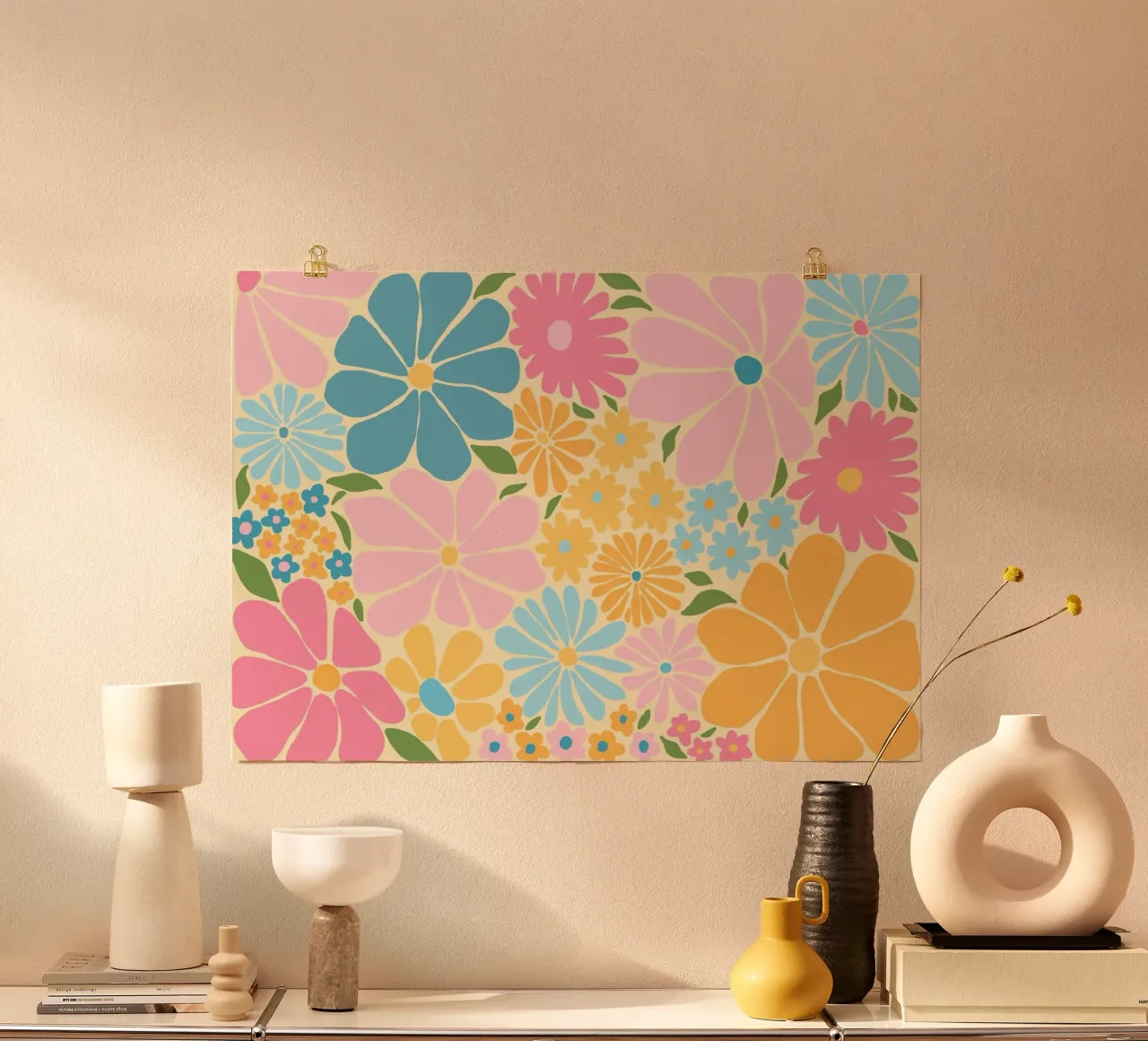 Retro Floral Pattern, Colorful Flower Power Print poster by vintagepod