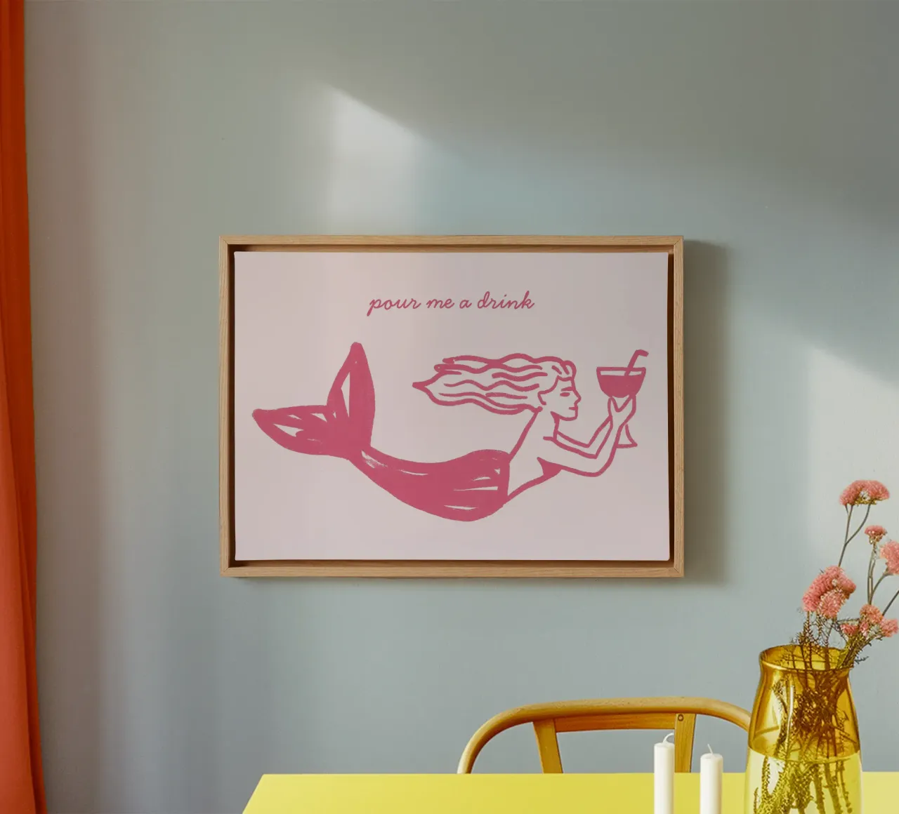 Schenk mij een drankje in, zeemeermin kunstdruk, strand poster canvas met Baklijst van vintagepod